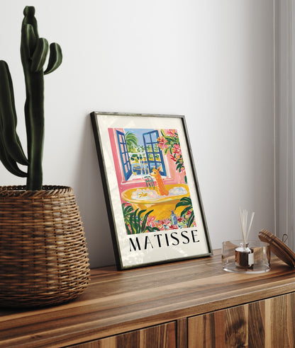 Bold, vibrant framed wall art of a bathing llama in a tropical interior, echoing Matisse’s color palette.