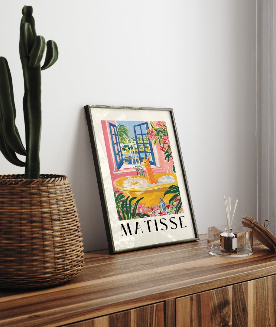 Bold, vibrant framed wall art of a bathing llama in a tropical interior, echoing Matisse’s color palette.