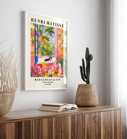 Matisse-inspired framed art featuring a cozy badger in a clawfoot tub in a vibrant tropical setting.