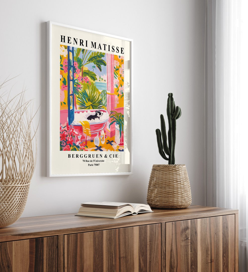 Matisse-inspired framed art featuring a cozy badger in a clawfoot tub in a vibrant tropical setting.