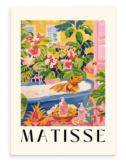 Framed art print of a capybara lounging in a blue bathtub with tropical plants and flowers, inspired by Henri Matisse.