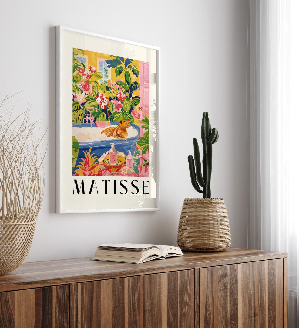 Tropical framed artwork of a bathing capybara in a colorful plant-filled room, Matisse-inspired.