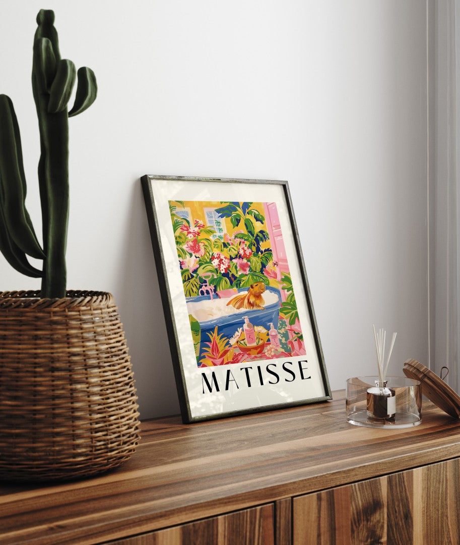 Framed print of a capybara soaking in a bubbly tub surrounded by exotic flowers and bright walls, inspired by Henri Matisse.
