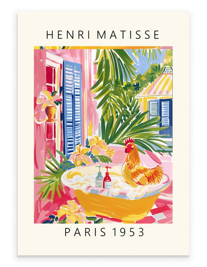 Framed art print of a rooster sitting in a yellow bathtub, surrounded by tropical plants and flowers, inspired by Henri Matisse.