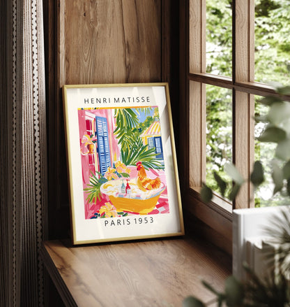 Matisse-style framed print featuring a rooster in a bubbly tub in a lush, colorful outdoor setting.