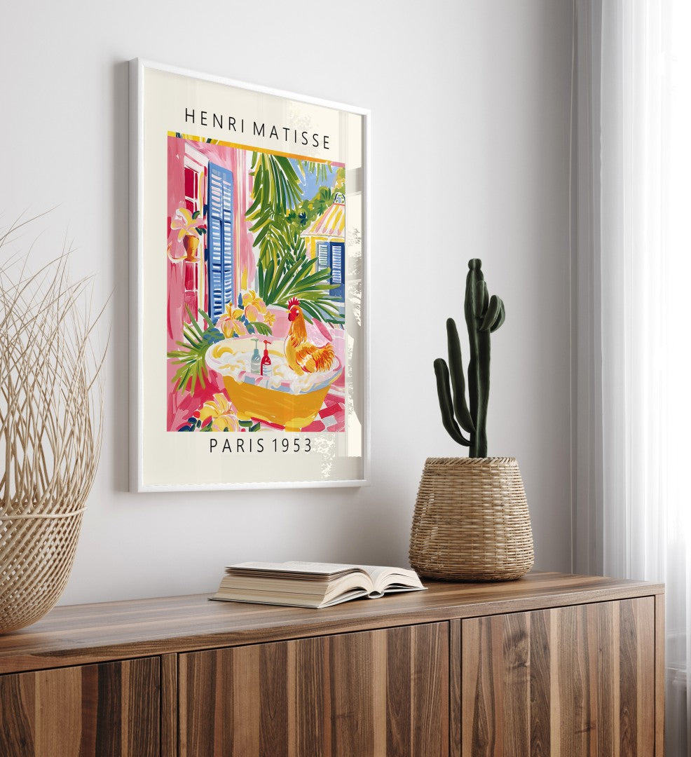 Bold and cheerful artwork of a bathing rooster with pink walls and greenery, in Matisse-inspired style.