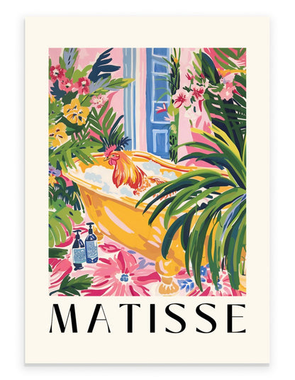 A colorful Matisse-style art print of a rooster relaxing in a yellow bathtub surrounded by tropical plants and pink flowers.