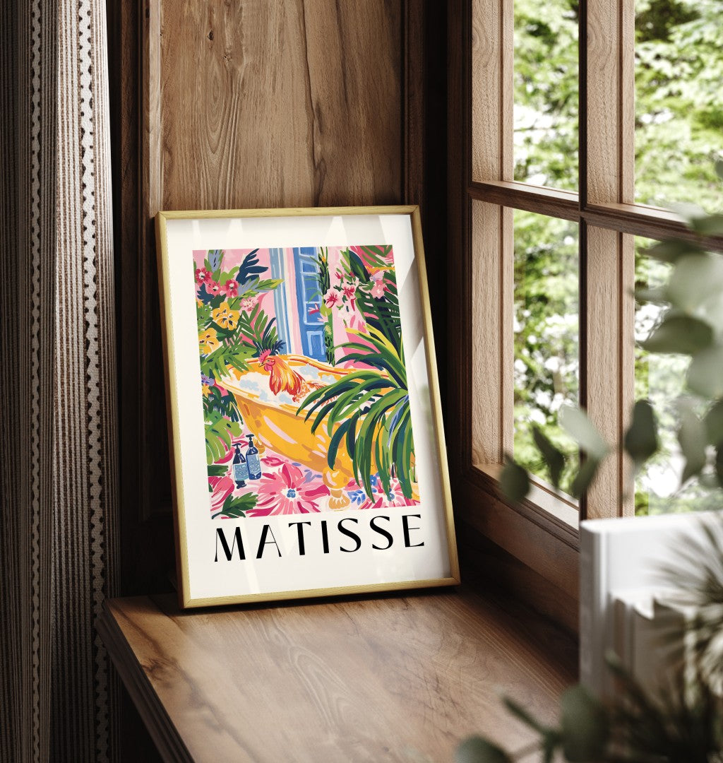 Framed wall art featuring a rooster in a vibrant floral bathroom scene, inspired by Henri Matisse’s bold color palette.