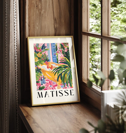 Framed wall art featuring a rooster in a vibrant floral bathroom scene, inspired by Henri Matisse’s bold color palette.