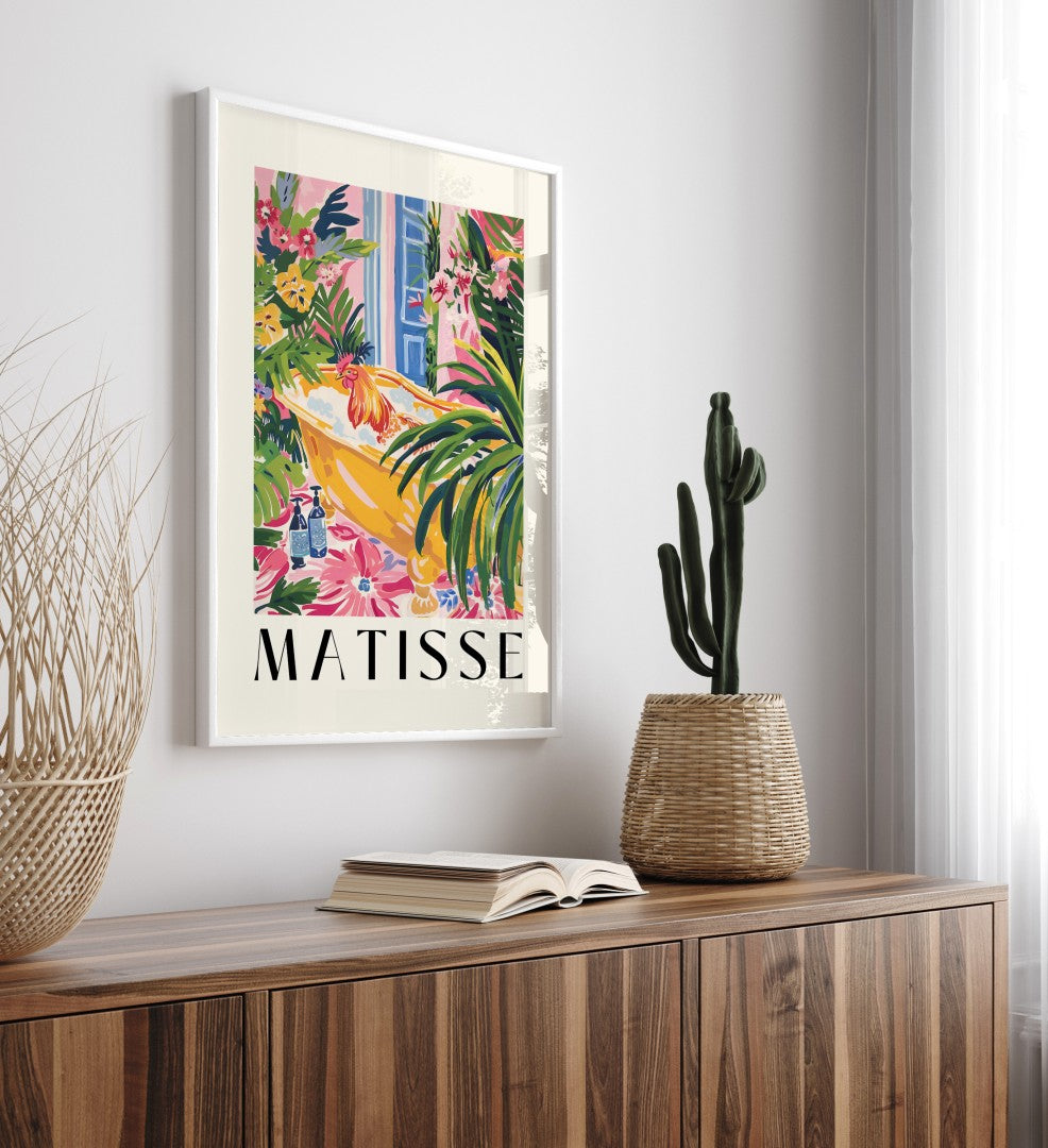 Matisse-inspired framed artwork with a rooster soaking in a vintage tub, surrounded by lush greenery and blooming flowers.