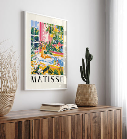 Framed wildlife bathroom print in Henri Matisse style with lush greenery