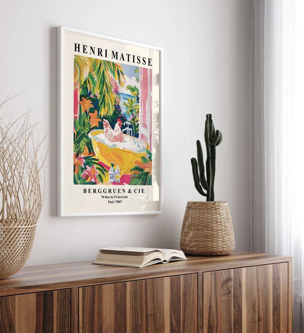 Framed colorful chicken bath wall art print in Henri Matisse inspired style with lush greenery, flowers, and ocean view - decorative bathroom print