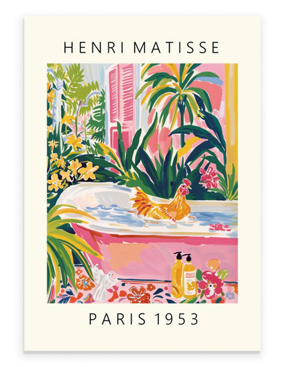 Playful brown chicken bathing scene in Henri Matisse inspired style with bold strokes, tropical leaves, and vibrant charm - colorful bathroom print for decor