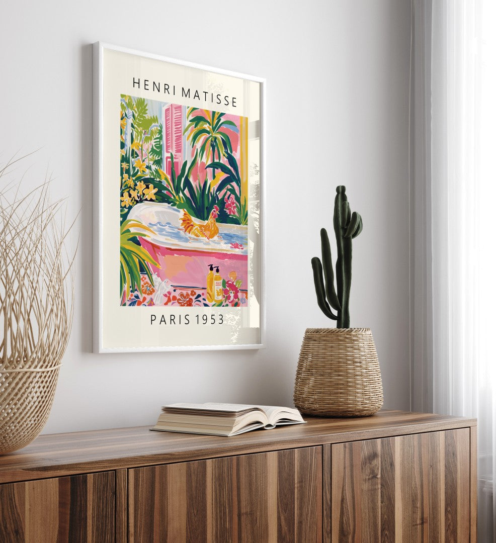 Framed colorful brown chicken bath wall art print in Henri Matisse inspired style with lush greenery, flowers, and Parisian view - decorative bathroom print for wall decor