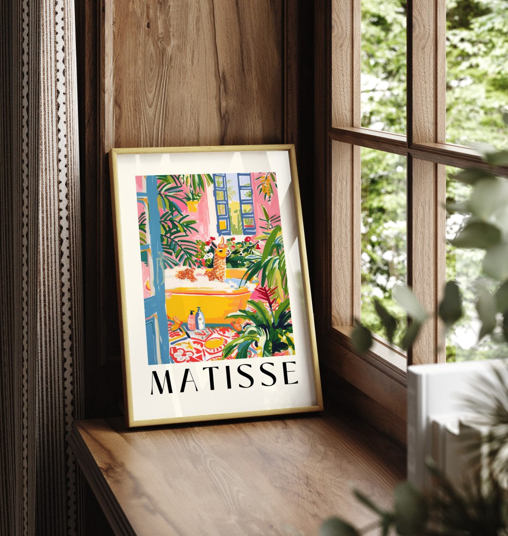 Framed tropical llama artwork print in Henri Matisse inspired style with vivid colors and exotic plants - bathroom art print for wall decoration