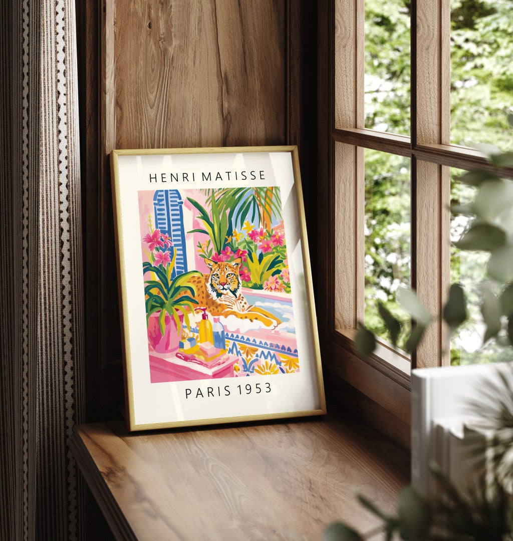 Framed tropical lynx artwork print in Henri Matisse inspired style with vivid colors and floral setting - bathroom art print for wall decoration