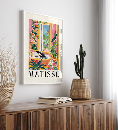 Framed vibrant orca bath artwork in Henri Matisse inspired style with hanging oranges, greenery, and ocean backdrop - bathroom art print for wall decoration