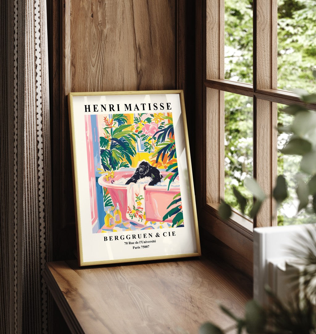 Framed Henri Matisse style gorilla print featuring a whimsical bath scene with greenery and flowers - decorative bathroom wall print