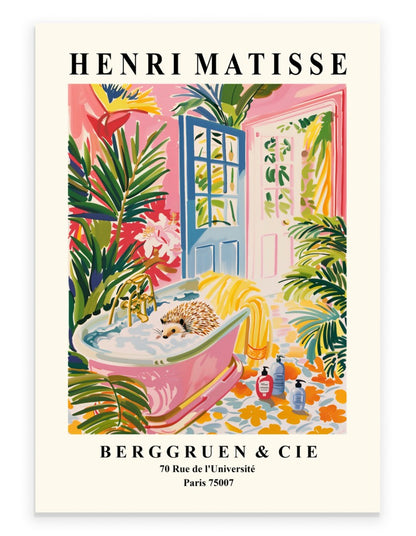 Cute hedgehog in a tub surrounded by tropical plants, Henri Matisse inspired matisse print wall decor