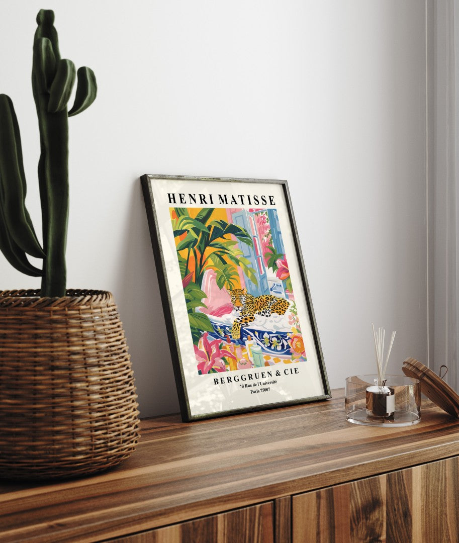 Tropical bathroom wall art print with a leopard in the tub - Henri Matisse inspired