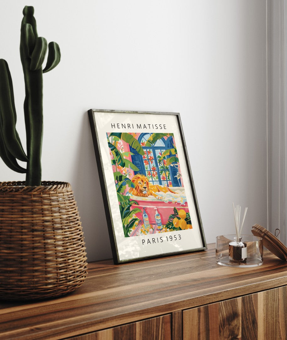 Framed tropical lion artwork in bath - Matisse style home decor print