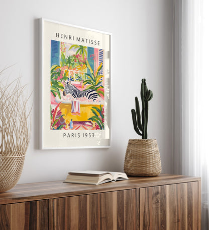Whimsical zebra in a bubble-filled tub surrounded by tropical greenery.