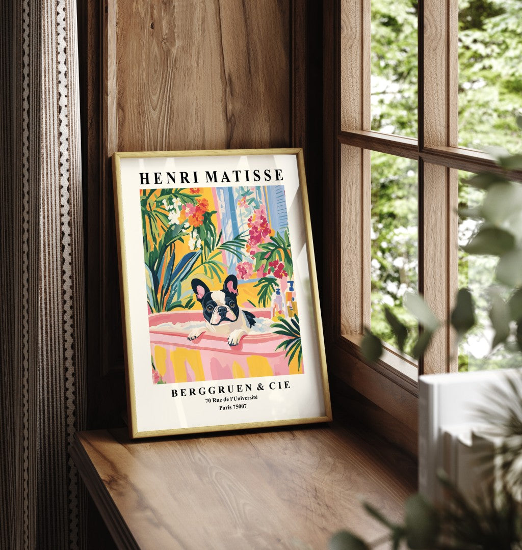 Framed Matisse inspired bathroom wall art featuring French Bulldog and vibrant greenery.