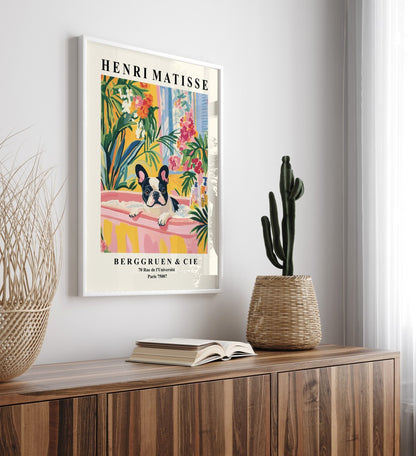 French Bulldog in colorful tropical bathroom scene - framed Matisse style print.