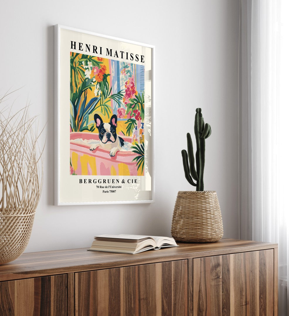 French Bulldog in colorful tropical bathroom scene - framed Matisse style print.