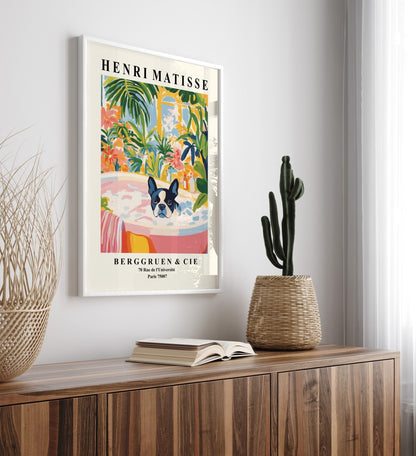 Framed Matisse style tropical bathroom wall art with Boston Terrier and lush greenery.