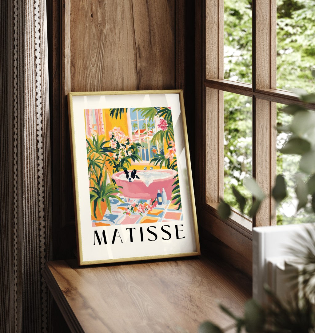 Colorful framed print of Boston terrier relaxing in a lush, tropical bathroom.