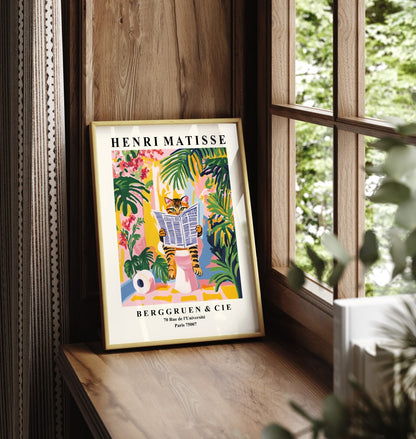 Humorous Matisse-style print featuring a tabby cat and lush plants.