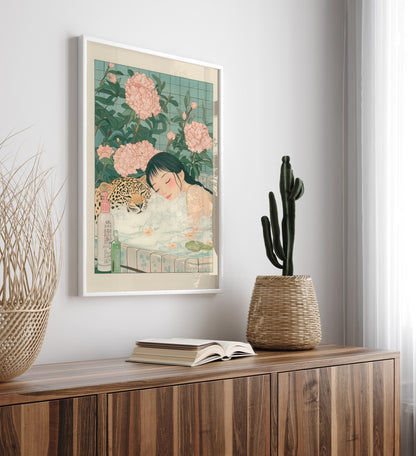 High-quality framed wall art of a woman and leopard sharing a relaxing bath scene