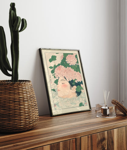 Framed bathroom decor featuring a serene woman in a calm Japanese-style bath