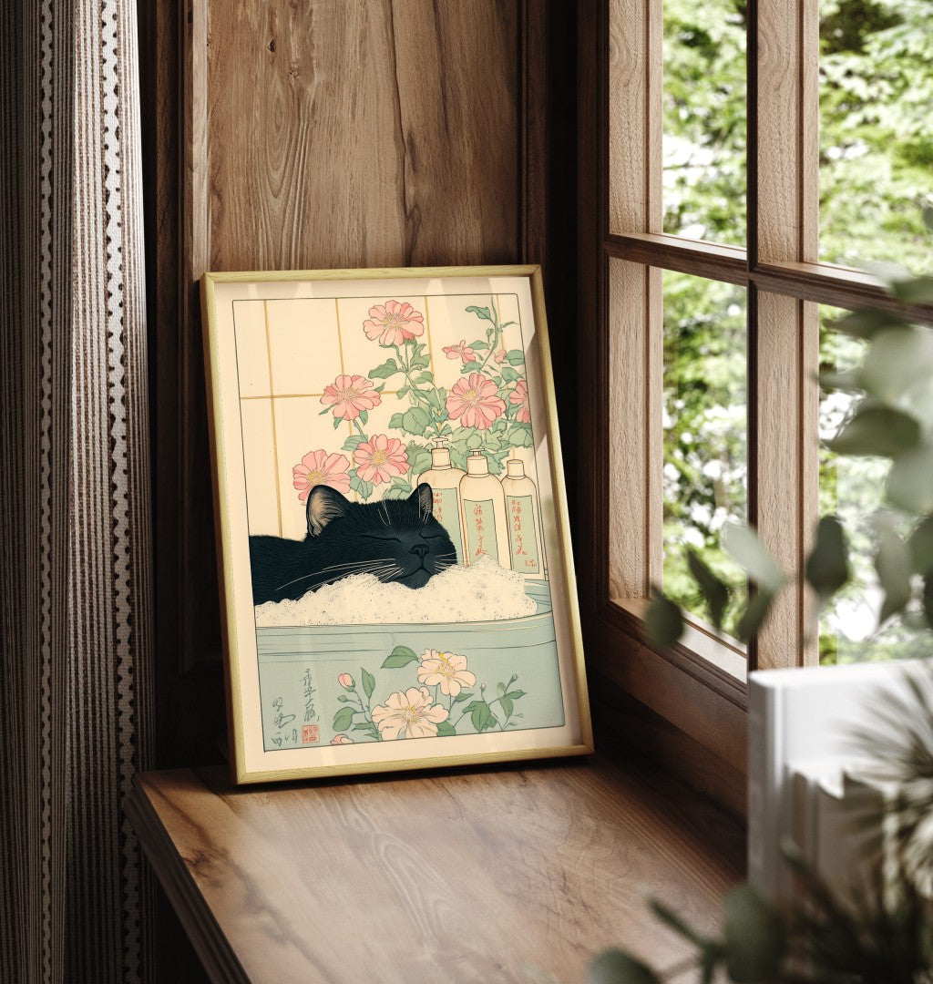 Relaxing Japanese Black Cat in Bathtub