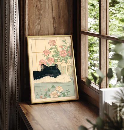 Relaxing Japanese Black Cat in Bathtub