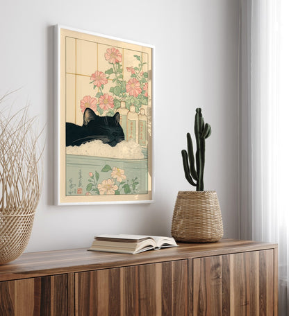 Relaxing Japanese Black Cat in Bathtub