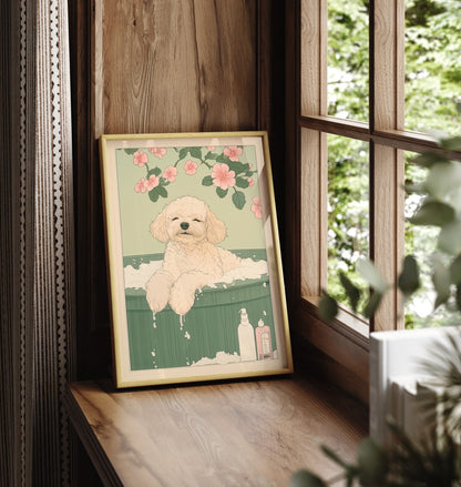 Framed artwork of a toy poodle sitting in a bathtub with flowers, leaning against a wooden wall.