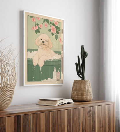 Framed artwork of a toy poodle with flowers on a wall above a wooden cabinet.
