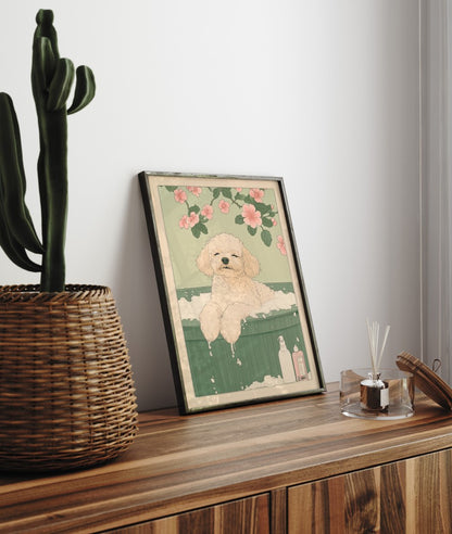 Framed artwork of a toy poodle on a wooden surface with a cactus and diffuser in the background