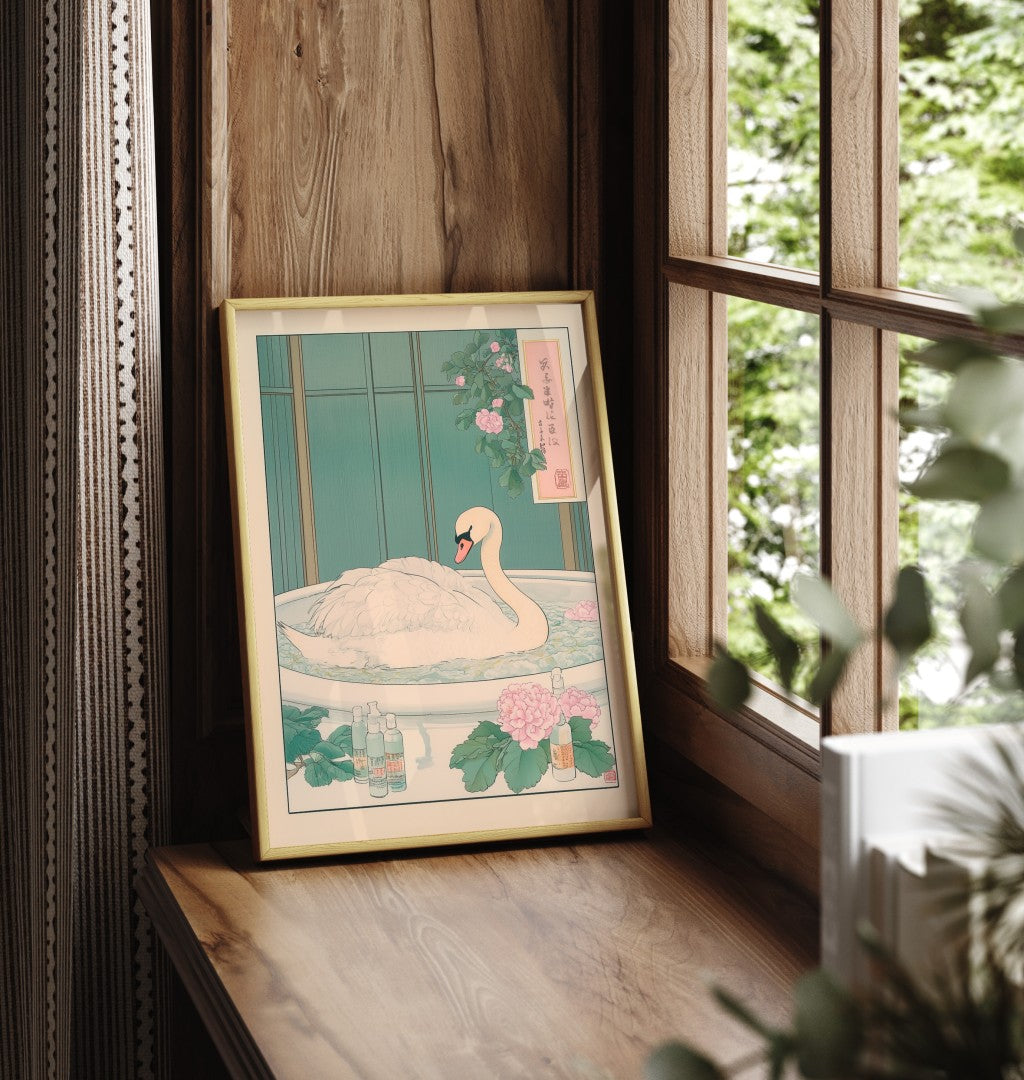 Framed swan bathroom wall art with botanical blossoms and peaceful design