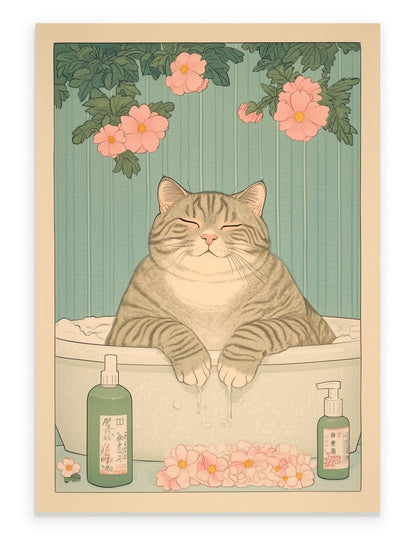 Cat in a bathtub with bottles and flowers, eyes closed in contentment