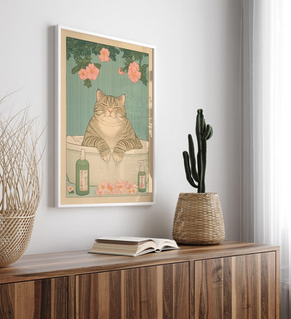 Japanese-style framed cat art featuring a tub, flowers, and soap