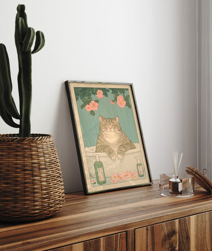Framed bathroom print of a smiling tabby cat relaxing in a bubble bath