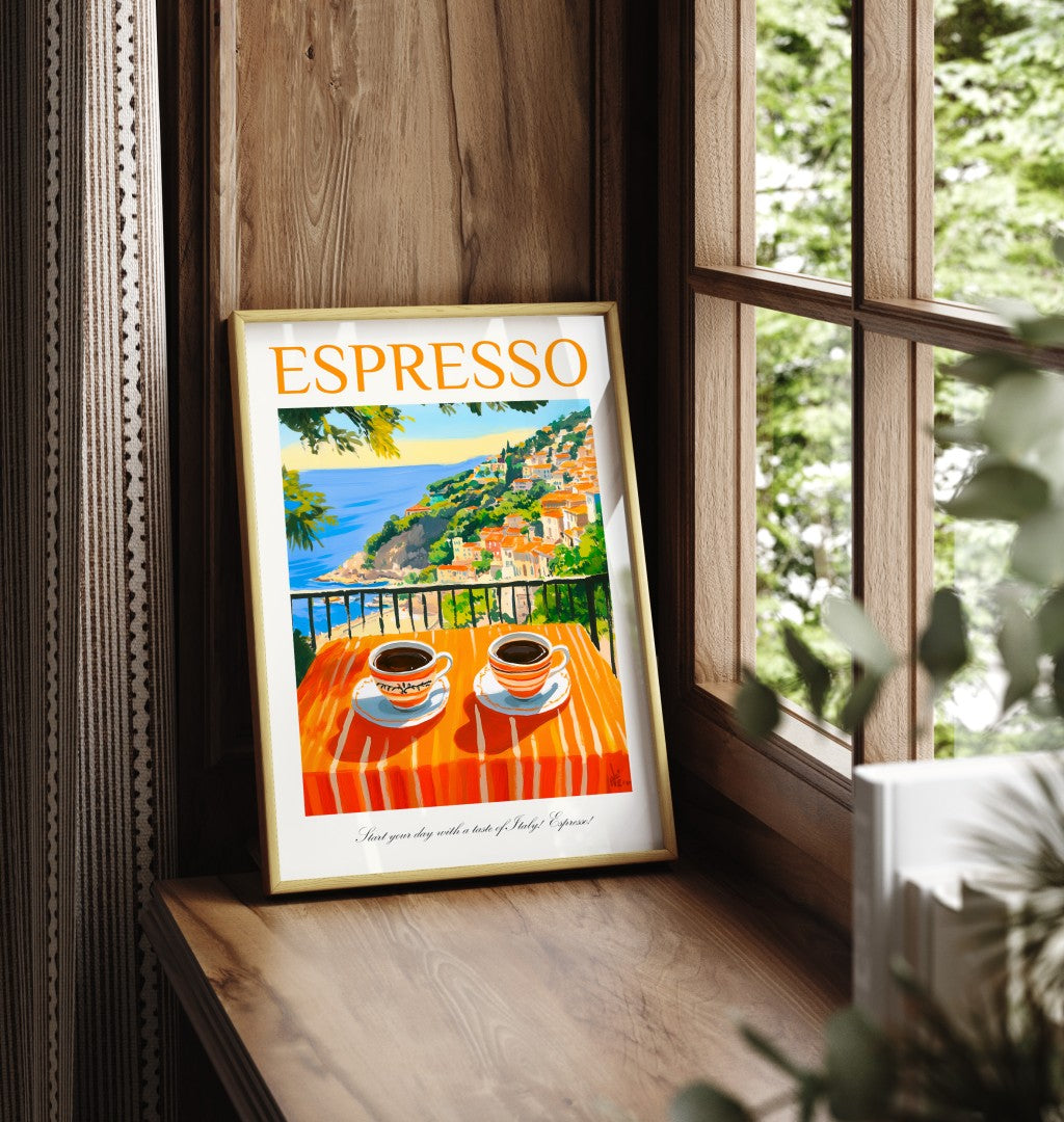 Framed espresso art print with two coffee cups and Italian seaside view
