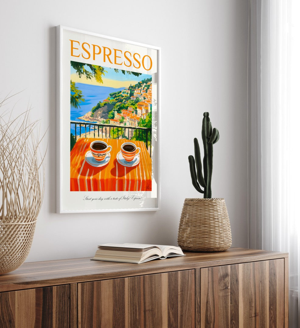 Mediterranean café style framed espresso art print with terrace and ocean