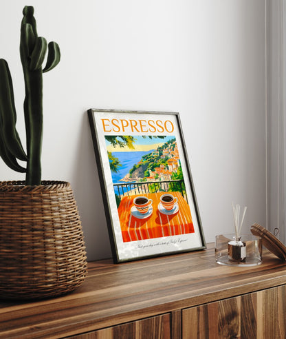 Italian seaside framed espresso art print with coffee cups on striped table