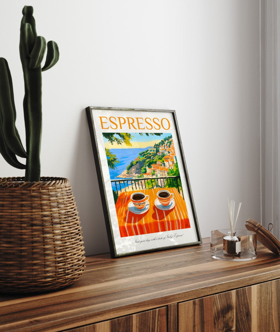 Italian seaside framed espresso art print with coffee cups on striped table