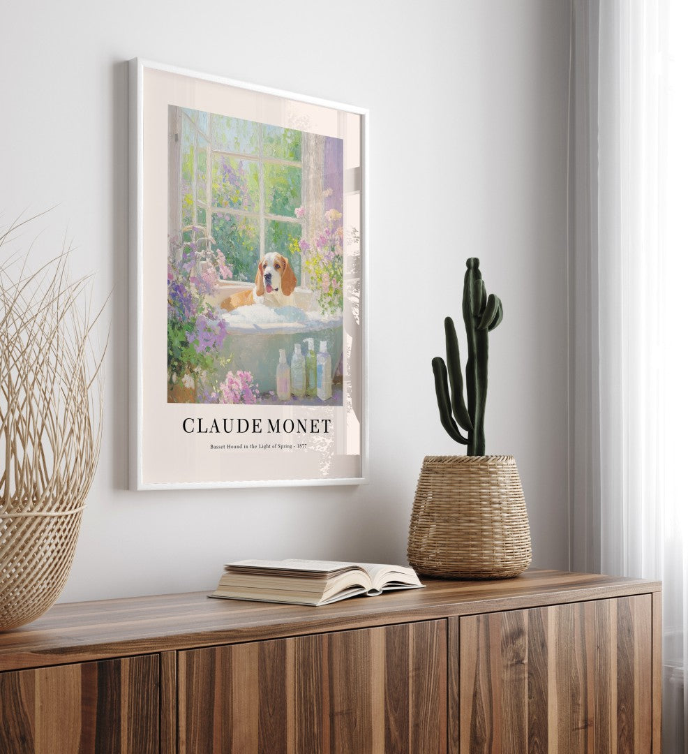 Impressionist Basset Hound framed bathroom art print in Monet inspired style