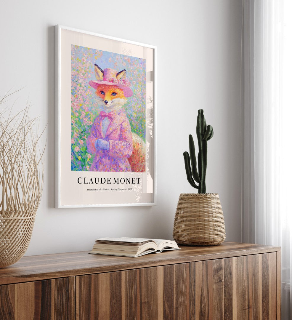 Whimsical fox portrait framed art print in impressionist style